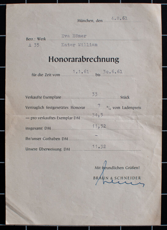 Eva Roemer - Honorarabrechnung - 1961 - Druck