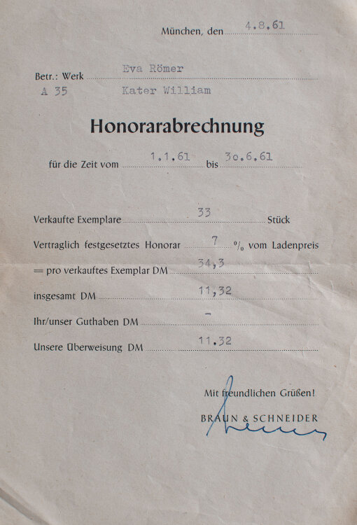 Eva Roemer - Honorarabrechnung - 1961 - Druck