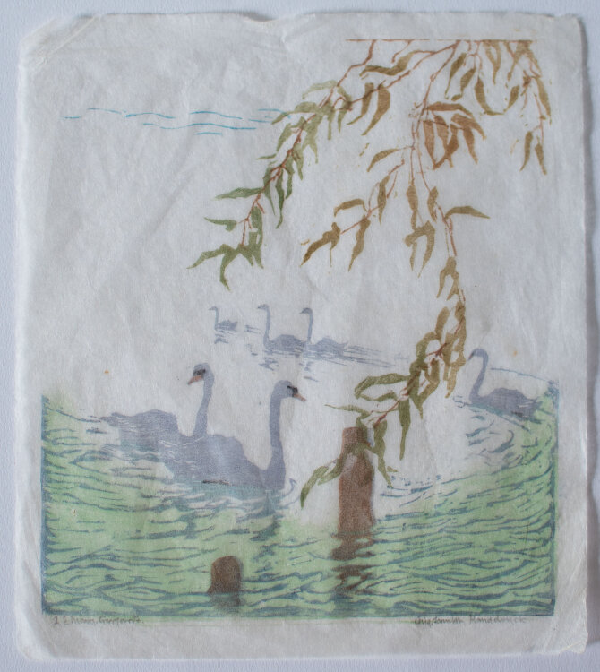 Lina Elisabeth Margarete Gerhardt - Schwänen auf dem See - o.J. - Farbholzschnitt