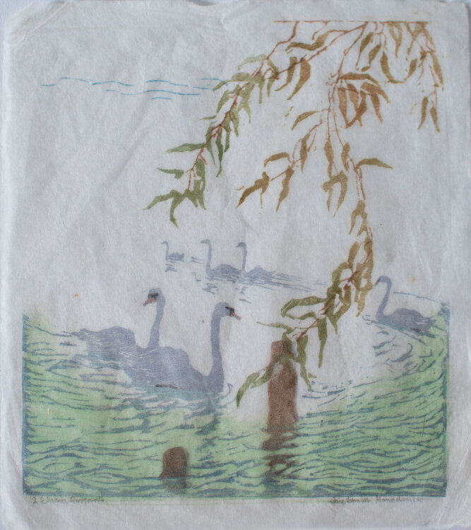 Lina Elisabeth Margarete Gerhardt - Schwänen auf dem See - o.J. - Farbholzschnitt