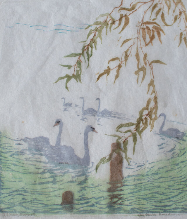 Lina Elisabeth Margarete Gerhardt - Schwänen auf dem See - o.J. - Farbholzschnitt