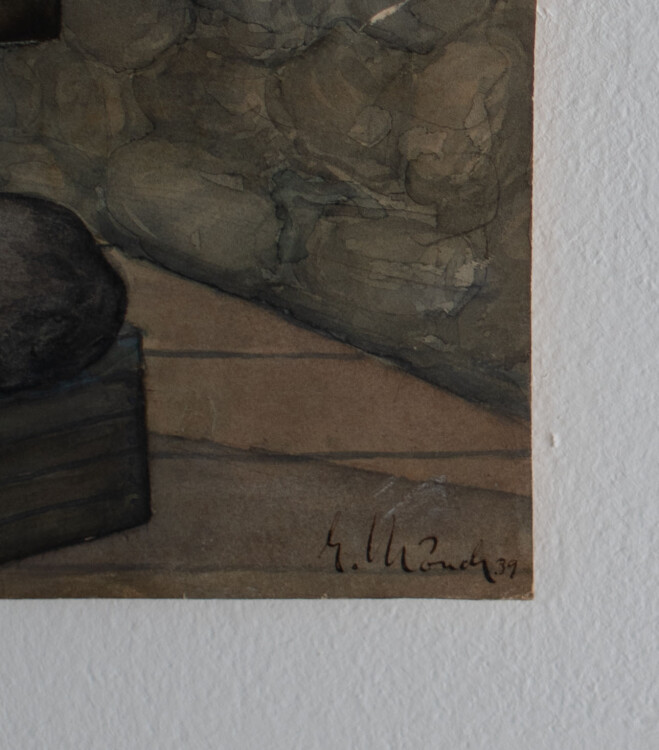 signiert G. Mönch (?) - Interieur einer Schweizer Hütte? - 1939 - Aquarell