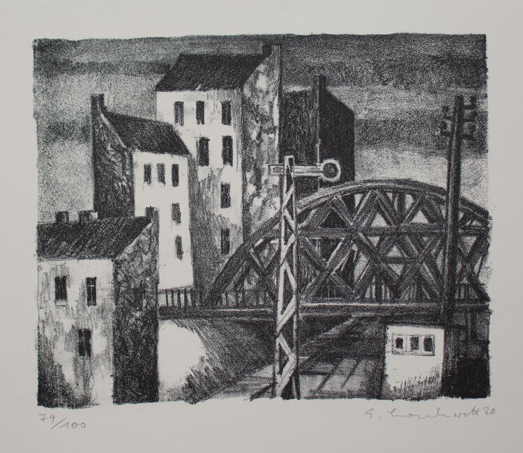 unbekannt - Stadtansicht mit Eisenbahnbrücke - 1970 - Lithografie