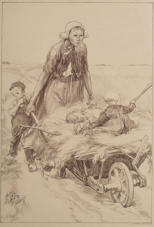 Pieter de Josselin de Jong - Bäuerin, die eine Schubkarre mit Heu und zwei Kindern schiebt - um 1890 - Lithografie