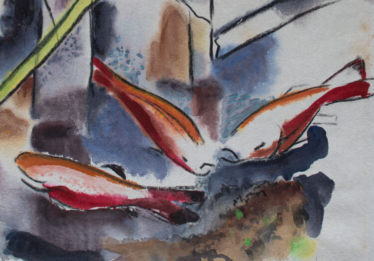 Gerhard Schulte-Dahling - Goldfische zwischen Wasserpflanzen - 1955 - Aquarell
