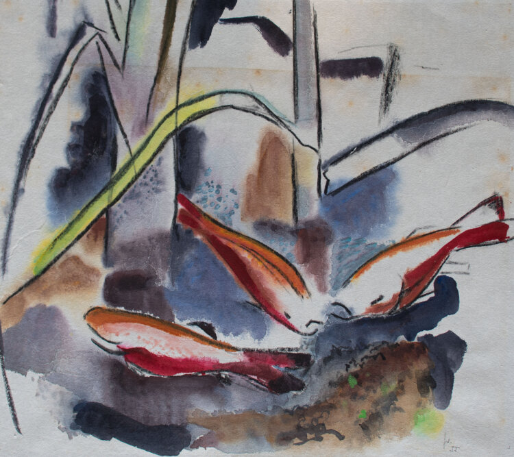 Gerhard Schulte-Dahling - Goldfische zwischen Wasserpflanzen - 1955 - Aquarell