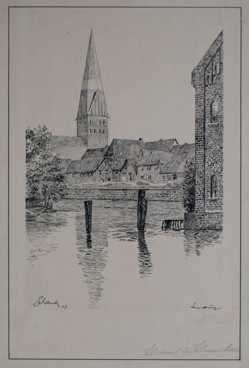 Signiert E. Schuh - Lüneburg - Blick auf die Johanniskirche - 1907 - Tusche