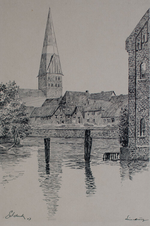 Signiert E. Schuh - Lüneburg - Blick auf die Johanniskirche - 1907 - Tusche