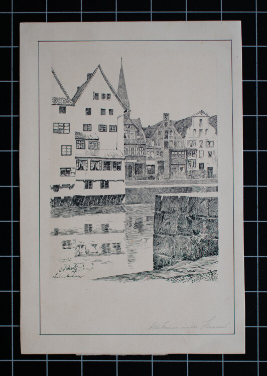Signiert E. Schuh - Lüneburg - Alte Häuser an der Ilmenau - 1907 - Tusche