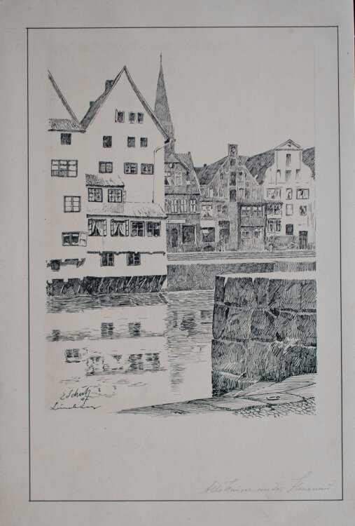 Signiert E. Schuh - Lüneburg - Alte Häuser an der Ilmenau - 1907 - Tusche