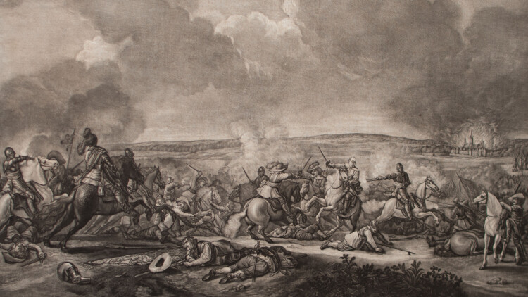 Carl Schroeder nach M. de Jong - Schlacht bei Luetzen - 1801 - Mezzotinto Radierung