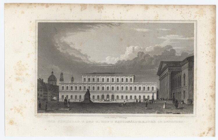 Ludwig Lange - Königsbau und Nationaltheater in München - 1837 - Stahlstich