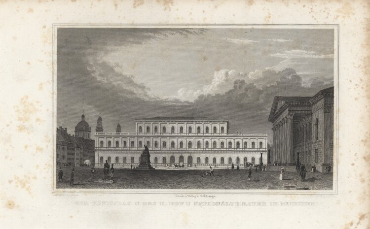 Ludwig Lange - Königsbau und Nationaltheater in München - 1837 - Stahlstich
