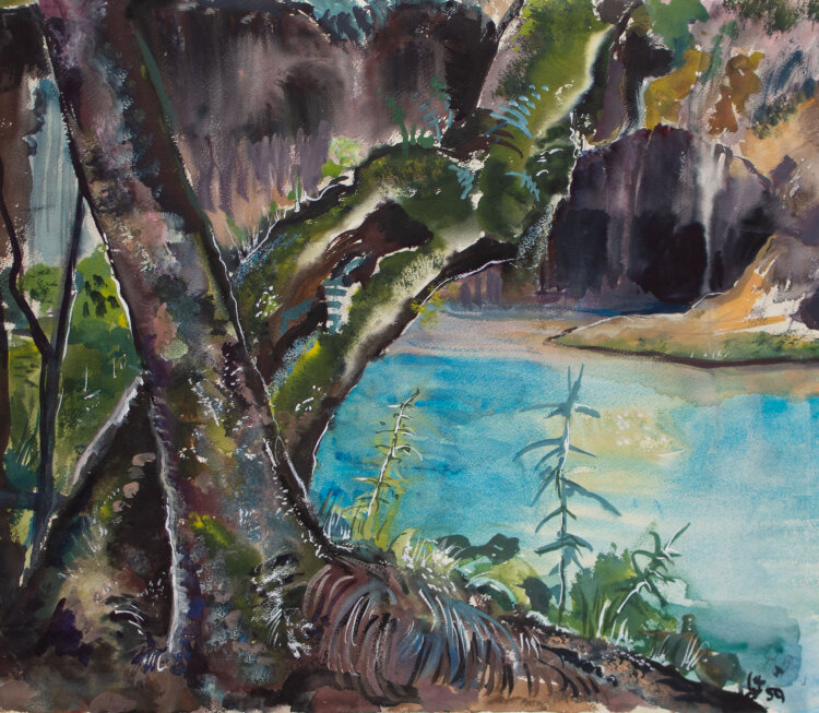 Gerhard Schulte-Dahling - See mit Wasserfall - 1959 - Aquarell