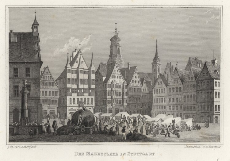 C. Gerstner - Der Marktplatz in Stuttgart - 1837 - Stahlstich