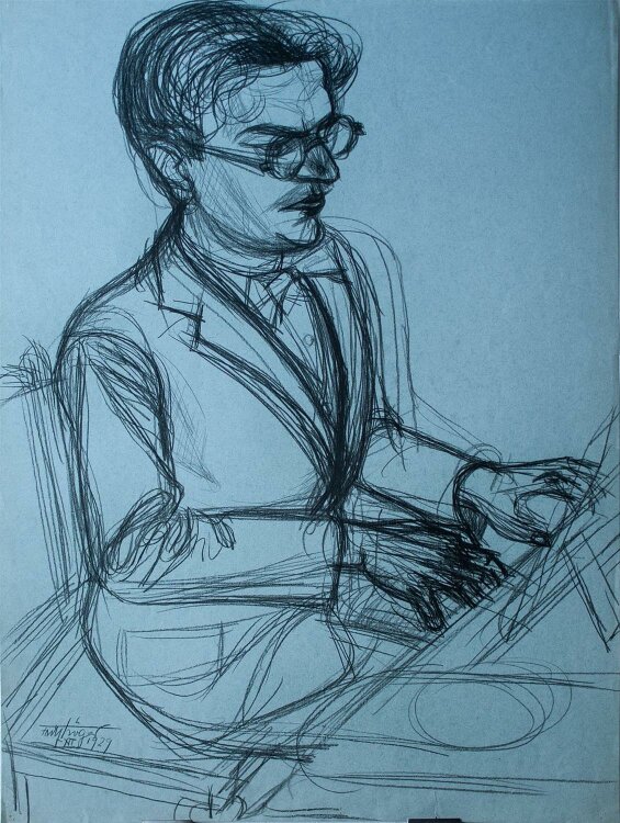 Fritz Tröger - Männliches Porträt / Klavierspieler - Zeichnung - 1929