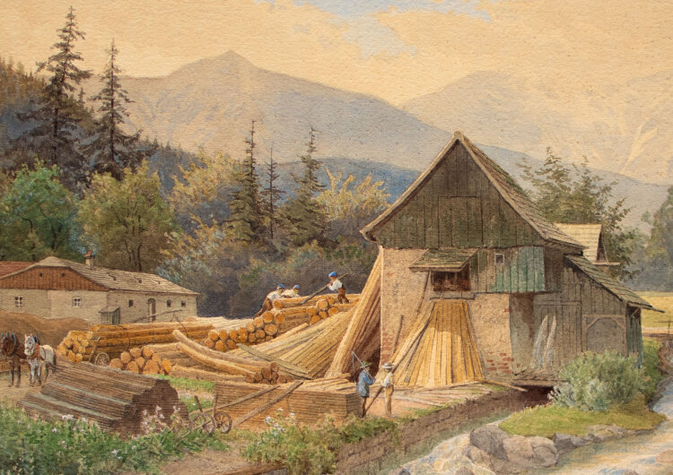 Albin Kühn - Bau einer Wassermühle - ende 1800 - Aquarell