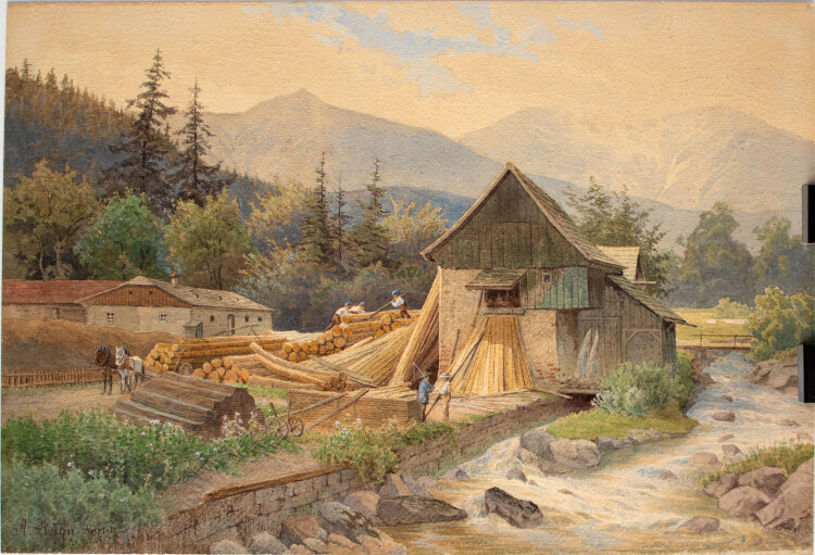 Albin Kühn - Bau einer Wassermühle - ende 1800 - Aquarell