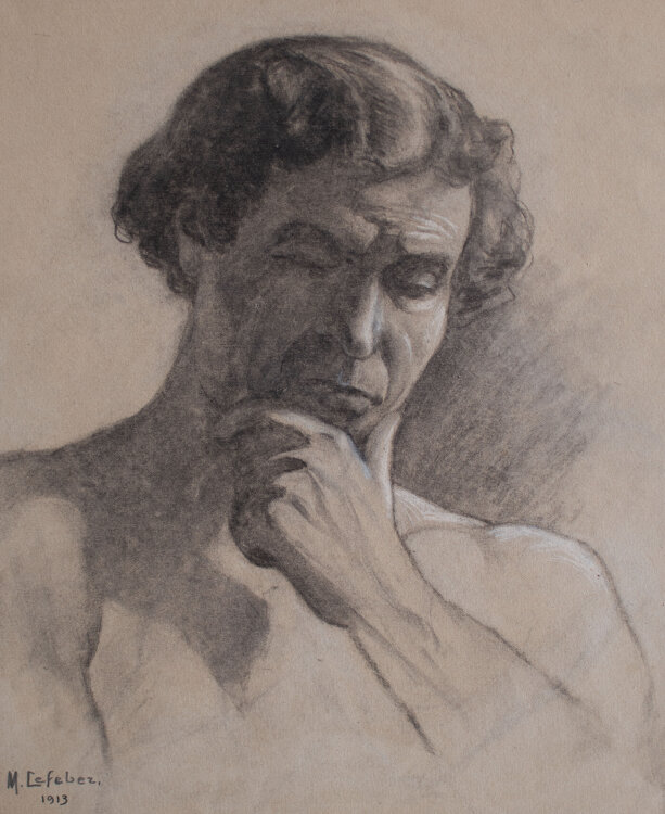 Max Lefeber - Porträt eines Mann mit Hand am Kinn - 1913 - Kohlezeichnung