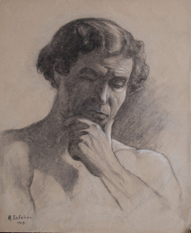 Max Lefeber - Porträt eines Mann mit Hand am Kinn - 1913 - Kohlezeichnung