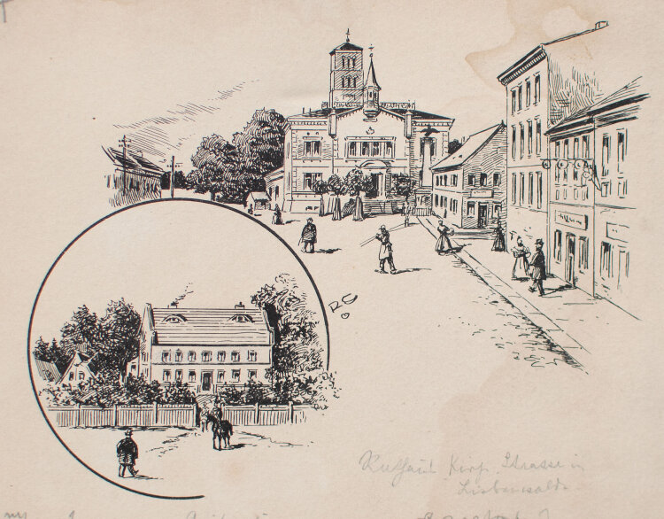 unbekannter Monogrammist RC - Rathhaus, Kirche, Straße in Liebenwalde - o.J. - Tusche