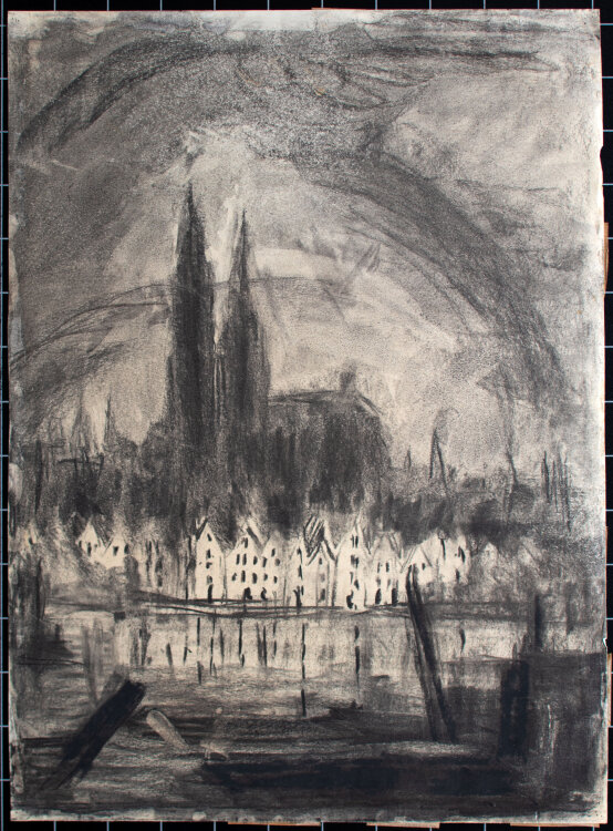 Elfriede Michel - Köln, Flußlandschaft, Entwurf - 1959 - Kohlezeichnung