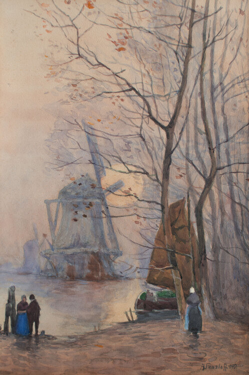 A. Fensloff - Flußlandschaft mit Windmühle - 1910 - Aquarell