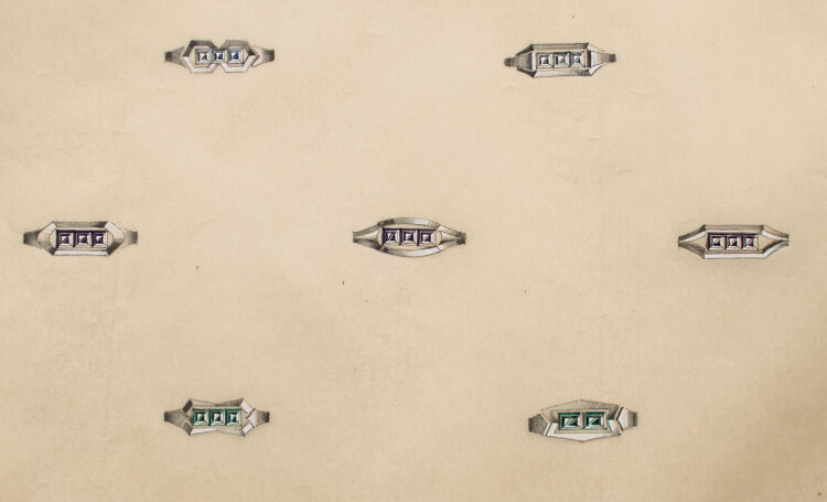Gebrüder Casper - Entwurfszeichnung Schmuckringe Diamanten blau, lila, grün - o.J. - Aquarell