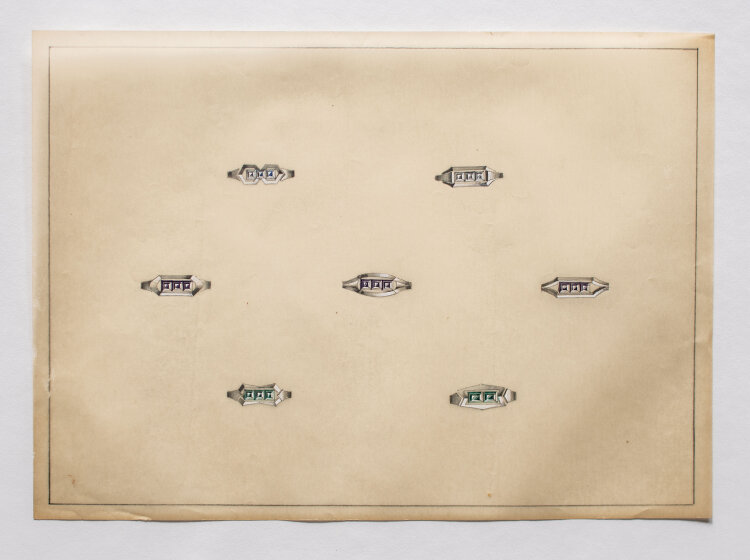 Gebrüder Casper - Entwurfszeichnung Schmuckringe Diamanten blau, lila, grün - o.J. - Aquarell