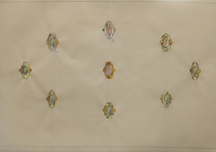 Gebrüder Casper - Entwurfszeichnung Schmuckringe weiß, rosa und grün - o.J. - Aquarell