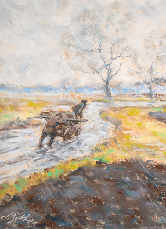 Otto Guth - Pferd und Wagen auf einer Landstraße - 1935 - Pastell