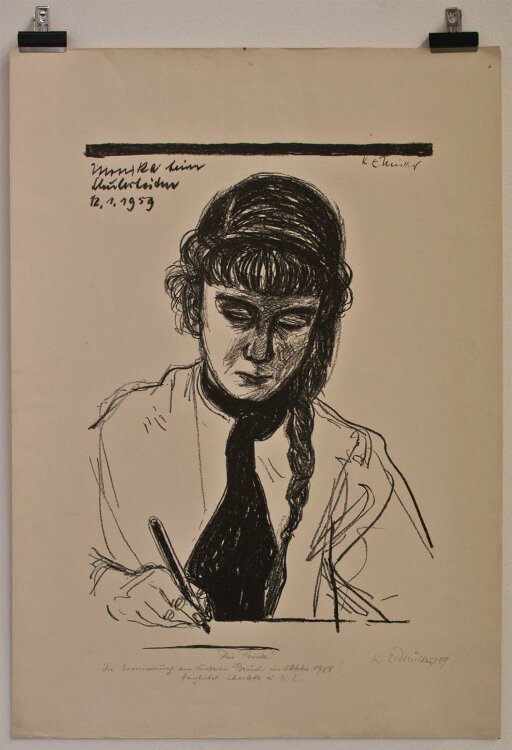 Karl Erich Müller - Monika beim Schularbeiten - Lithographie - 1959