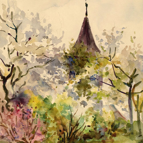 Georg Schmidt - Garten mit Kirchturm - 1908 - Aquarell