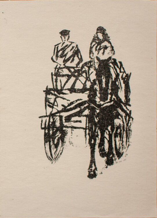 Kurt Josephski - Menschen auf Pferdegespann - Linolschnitt  - 1971