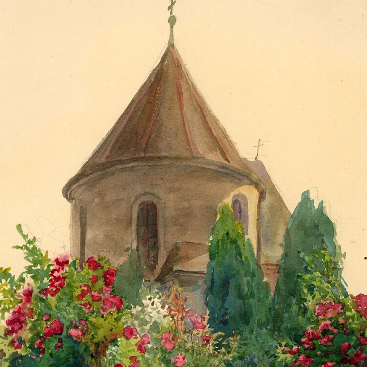 Georg Schmidt - Kirchenturm mit Garten - 1905 - Aquarell