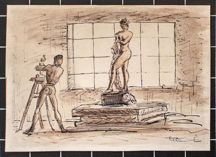 Unleserlich signiert - Bildhauer und Model - aquarellierte Tuschezeichnung - o.J