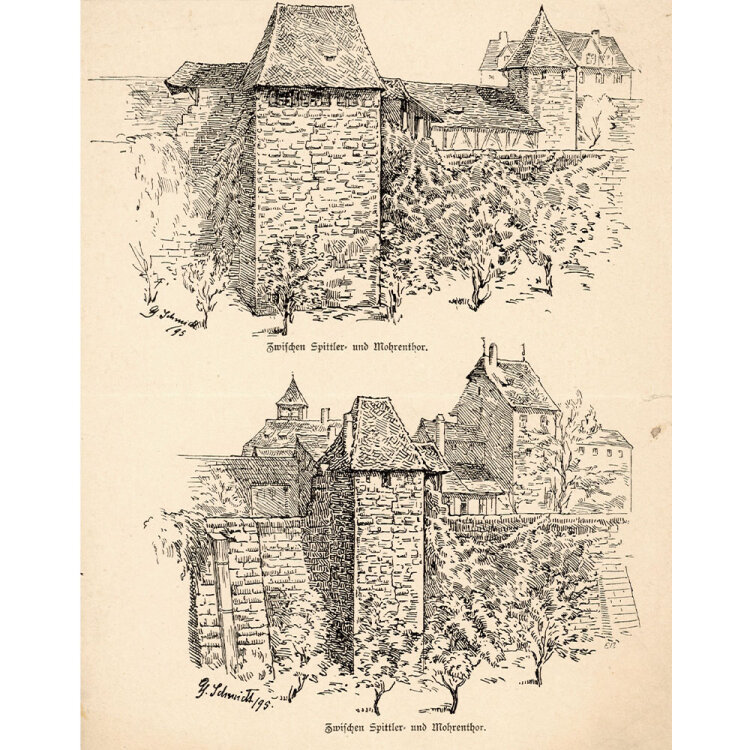 Georg Schmidt - Stadtmauer Perspektiven, zwischen Spittler und Mohrentor - 1895 - Lithografie