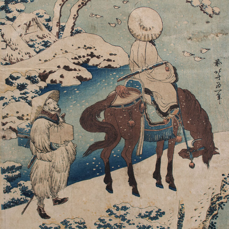 Katsushika Hokusai - Reiter im Schnee/ Der chinesische Dichter Su Dongpo - 1834 - Farbholzschnitt