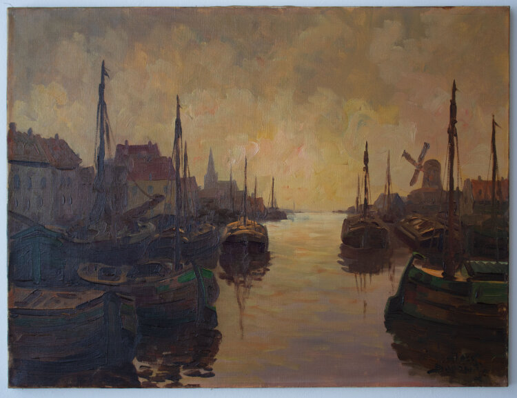Josef Dederichs - Hafenbild mit Segelschiffen - o.J. - Öl auf Leinwand