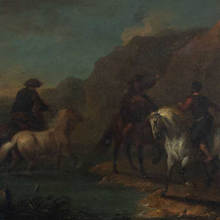 August Querfurt - Reiter mit Pferden am Fluß - o.J....