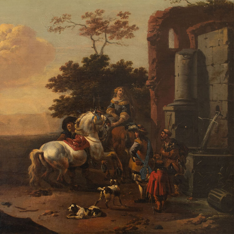 Jan Frans Soolmaker - Italianisierende Landschaft mit Reisenden an einem Brunnen - o.J. - Öl auf Tafel