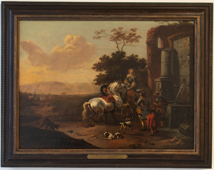 Jan Frans Soolmaker - Italianisierende Landschaft mit Reisenden an einem Brunnen - o.J. - Öl auf Tafel