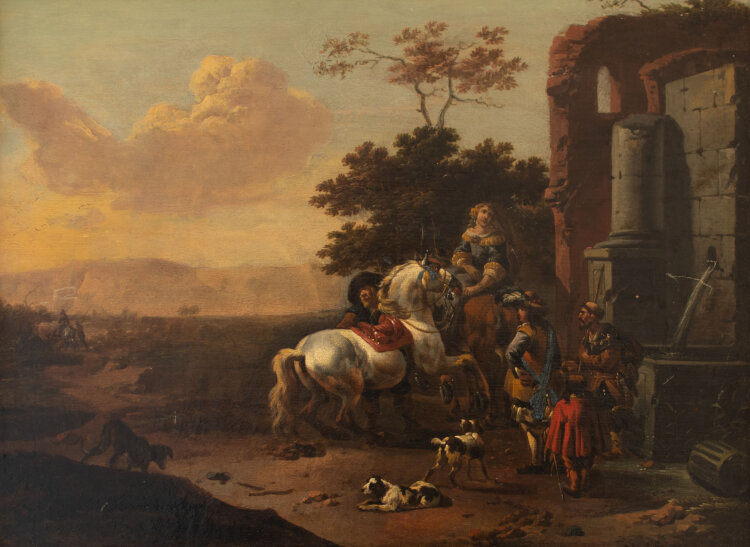 Jan Frans Soolmaker - Italianisierende Landschaft mit Reisenden an einem Brunnen - o.J. - Öl auf Tafel