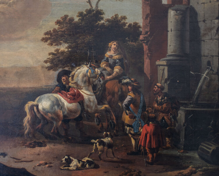 Jan Frans Soolmaker - Italianisierende Landschaft mit Reisenden an einem Brunnen - o.J. - Öl auf Tafel