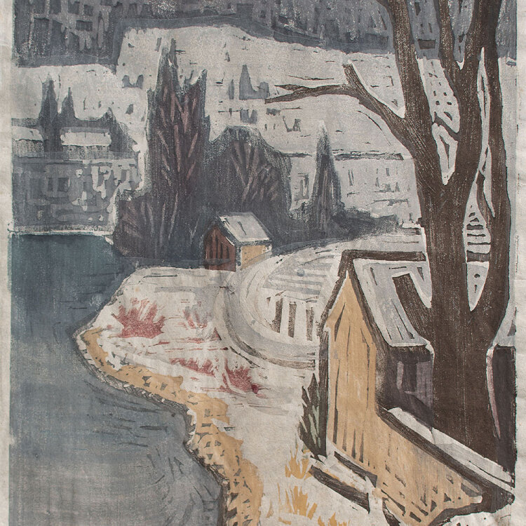 P. Häusler - Rheinpartie bei Säckingen - 1943 - Farbholzschnitt