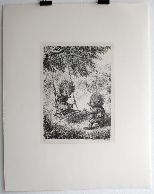 A. Paul Weber - Auf der Schaukel, Igelhausen - 1980 - Lithografie