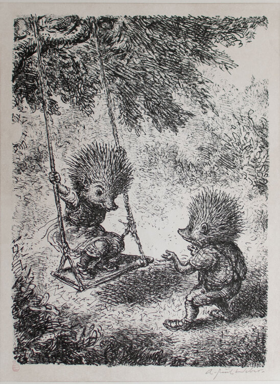 A. Paul Weber - Auf der Schaukel, Igelhausen - 1980 - Lithografie