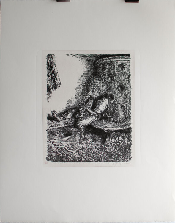 A. Paul Weber - Auf der Ofenbank, Igelhausen - 1980 - Lithografie