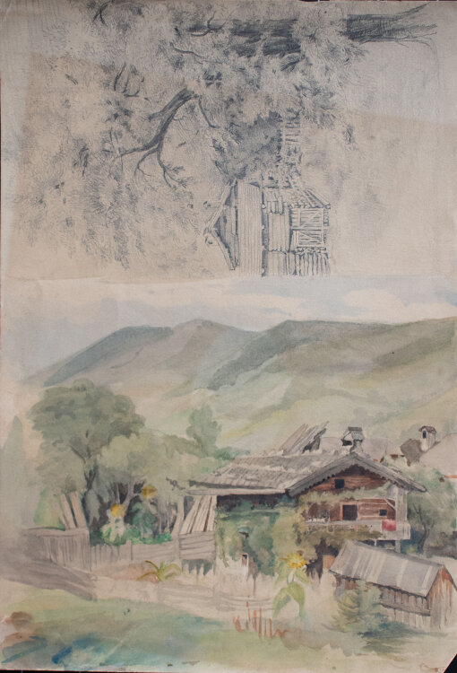 Nevina Radakovic - Berghütte vor Bergen und Schuppen mit Baum - o.J. - Aquarell / Bleistift