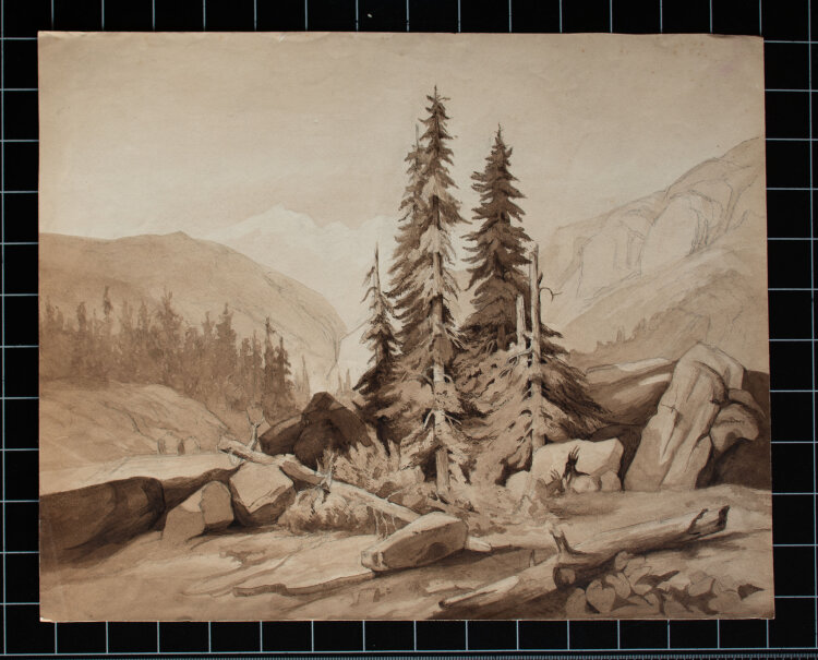 Nevina Radakovic - Berglandschaft mit Bäumen und Felsen - o.J. - Aquarell